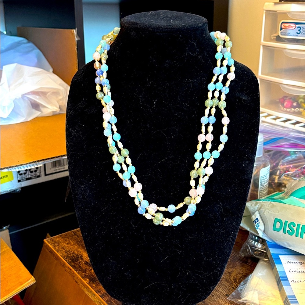 Vintage Multi Color Bead Necklace, Triple Strand Faux Pearl, Beads, 3 Strand